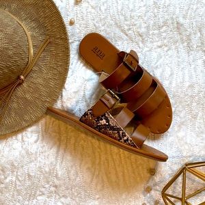 Brown sandals three strap slip on flat Brand New with box